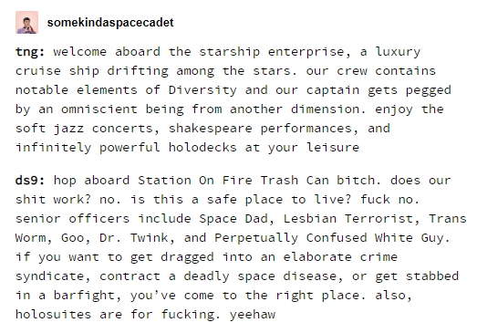 tumblr post comparing The Next Generation and Deep Space Nine